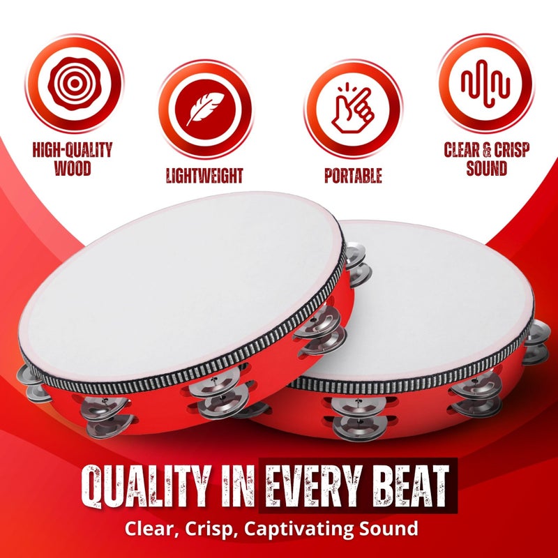 Flexzion Wood Handheld Tambourine for Adults 10-Inch Double Row 8-Pair Jingles (Red) - Percussion Round Tamborines Musical Instrument with Metal Zills - Image 3